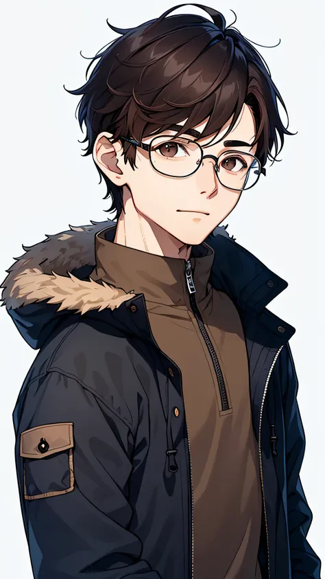 1 boy, alone, Upper body,
dark brown hair, short hair brown eyes, A dark blue mountain parka that stares at the viewer,Wearing glasses on a white background, simple background