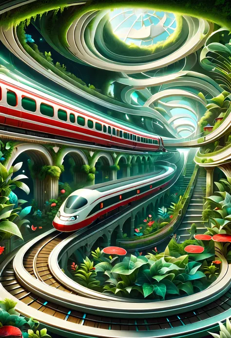 digital illustration，flat style，flat，3d，platform，magical station。the train arrives，platform，ancient building，curved track，extra ...