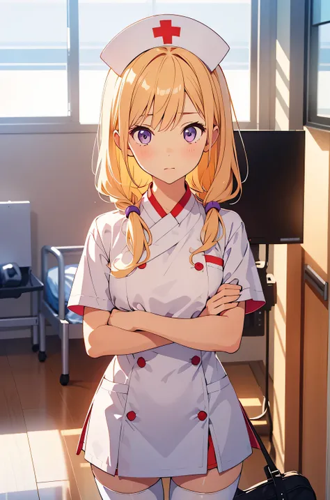 1 girl, alone, nurse, nurse cap, white clothes, ((white legwear, zettai ryouiki)), white gloves, twin tails, yellow hair, purple eyes, anger, crossed arms, Are standing, ((hospital room)), sharp outline, short sleeve, highest quality, masterpiece