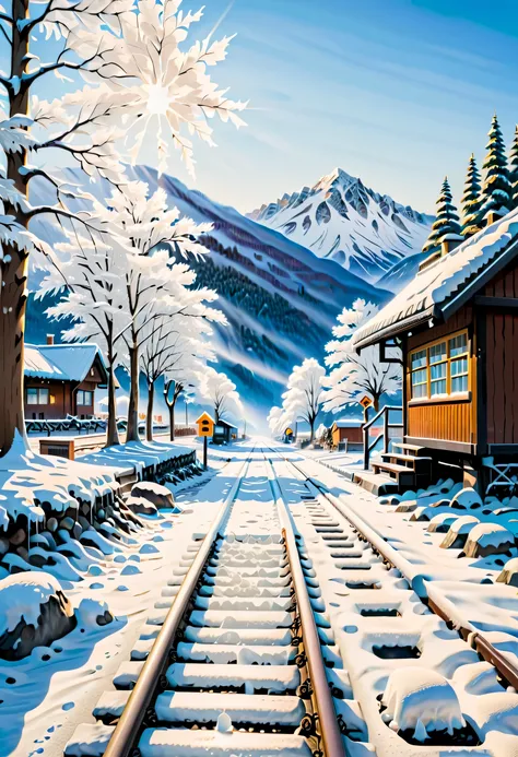 painting,snow sceneの中にある小さなcountrysideのstation,snow scene,snow piles up,Blizzard,coldness,winter,below freezing,melting snow,snowman,snow scene,snow shoveling,skiing, countryside,rural area,ranch,forest,quiet,nature,clear stream,Mountain,valley,outskirts,農...