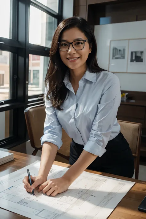 asian woman with dark hair in glasses holding a blueprint over a table, drawing on the blueprint and looking at it, smiling, architect, architectural planning, architectural, architect studio, an architectural, professional drawing, quality draughtmanship,...