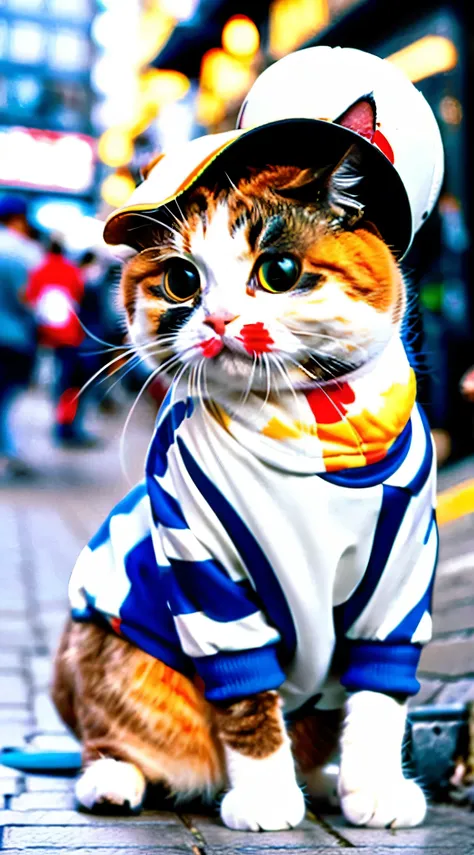 Bust description，cute and cute cat，White-eye，cute pose，Photo of a cute cat wearing a hat，wear trendy sportswear，become familiar with, ultra-realistic rendering，street style，cute pose，stylish clothes，Animate