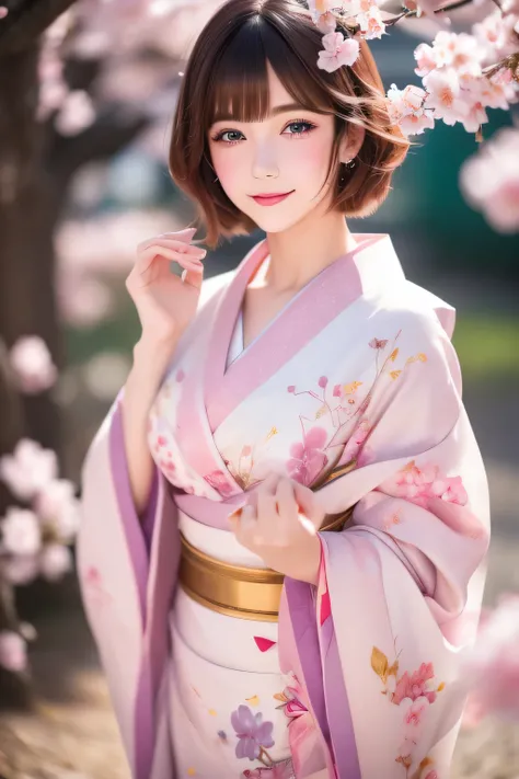 best quality, 32k, RAW photo, sakura maiden, an innocent and beautiful girl like a cherry blossom, glossy messy pixie cut, cherry blossom kimono, translucent and fluttery pastel colored hagoromo, sensual expression, mysterious, incredibly absurdres, extrem...