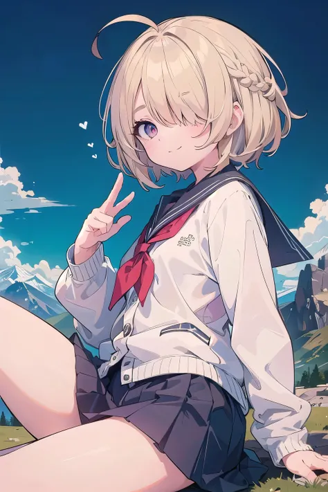 (masterpiece:1.2), (highest quality:1.2), Upper body, perfect eyes, perfect face, perfect lighting, mountainous horizon, 1 girl, blonde, red eye, ((((((hair over one eye,)))))), a braid, spike hair, dull bangs, bob hair, Ahoge, cute eyes, Medium chest , ((...