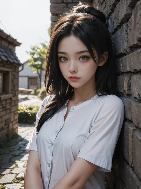 8k, ultra high resolution, best quality, masterpiece, surreal, photo, 1 girl, (16 years old: 1.3), pretty girl, cute face, nice details: 1.5), ((shining eyes)) in the basement,stone wall, cobblestone,