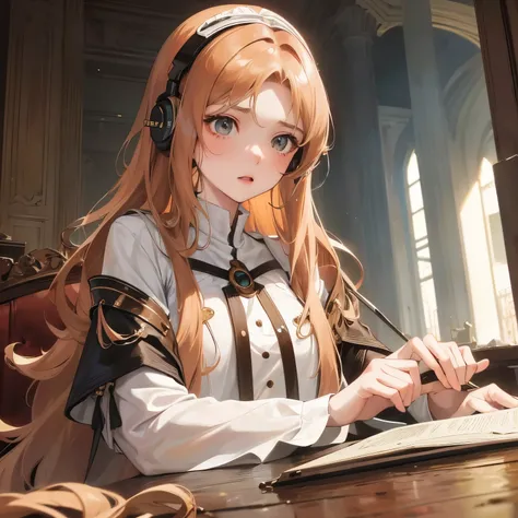 In the realm of semi-realistic anime style, a young girl with long wavy chestnut hair and a round head adorns the scene. Her pale white skin stands in stark contrast to her cinnamon-toned, eloquent eyes. She wears a large, loose-fitting garment as she sits...