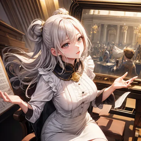 masterpiece、((focus on the face))、((symmetrical facial features))、Eyes of meticulous depiction、Beautiful woman、outstanding style、slender body、in front of the piano、A modest 25-year-old woman is sitting on a chair。（Wearing a white blouse and pencil skirt）、H...