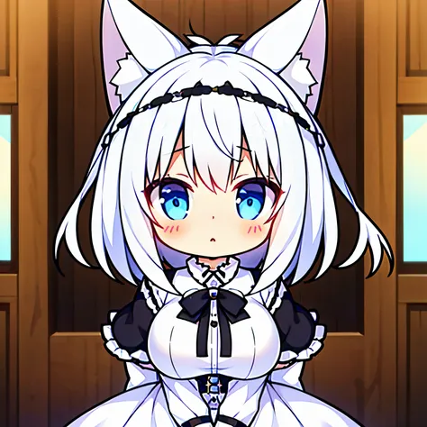 A 14 year old girl,white hair, Wearing a black and white mate dress,sky blue eyes,blush,big breasts,have white cat ear ,in her bedroom.