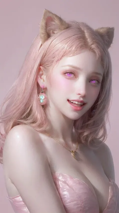 1girl,fangs,jewelry,red background,blonde hair,open mouth,(canine teeth:1.5),((laugh)),bangs,earrings,long hair,simple background,necklace,bare shoulders,looking at viewer,breasts,upper body,solo,teeth,dress,blunt bangs,tongue,(pink eyes:1.8),smile,lion,mo...