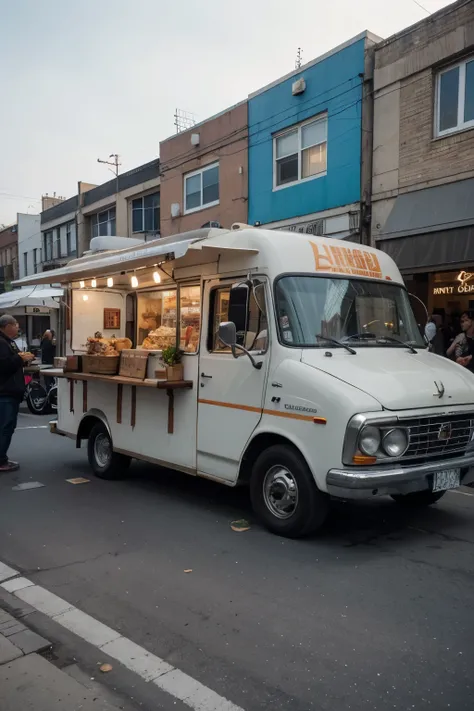 Generate an image of a vibrant food truck parked on a bustling city street. The food truck should be colorful and adorned with appetizing images of various dishes. Customers should be gathered around, eagerly ordering food from the trucks window. The scene...