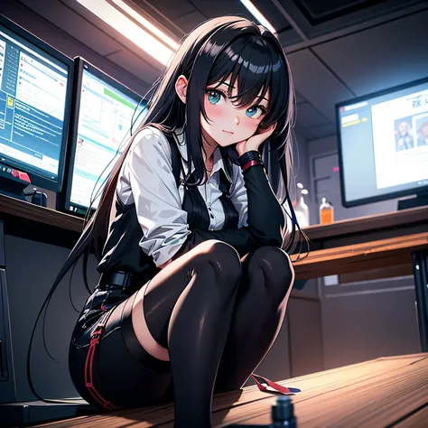 absurd solution, High resolution, (table top: 1.4), hyper detail, A young black-haired woman dressed as an engineer, blush、anxious look, neon、I&#39;Iは非常に小さく密閉された機械制御室に座っています。.、shiny thighs