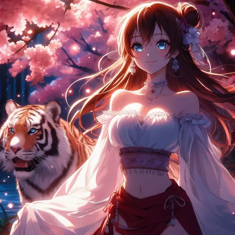 Long-haired blue-eyed anime girl standing next to tiger, anime style 4k, Beautiful anime, hd anime wallpaper, Beautiful anime style, 4kanime wallpaper, Beautiful anime girl, anime wallpaper, High quality anime art style, anime wallpaper4K, anime wallpaper4...