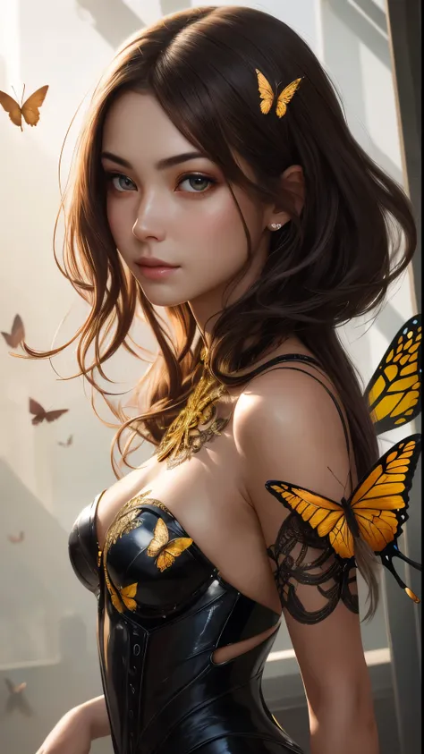 8k portrait of beautiful cyborg with brown hair, Complex, elegant, very detailed, majestic, digital photography, artgerm、ruan jia、greg rutkowskiによるアート、surrealistic painting、gold butterfly filigree, broken glass star piece, side light, Beautiful detailed ey...