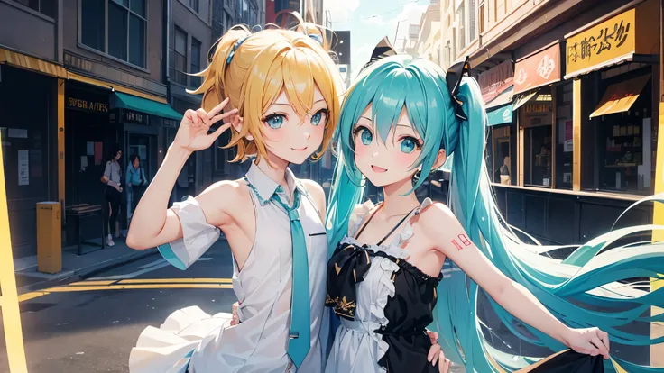 highest quality、high resolution、CG,Kagamine Rin、Hatsune Miku、２people、Hand up、main Street、smile、whole body、distinct