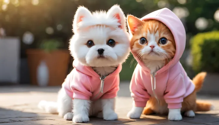 There is an orange cat wearing a pink hoodie and a white dog wearing a white hoodie., wearing a hoodie,Selfie, 狗高貓低accidentally Selfie, Posing for photos, looking at camera, 一只狗的Selfie照, looking at camera, looking at camera!!!, !! looking at camera!!, 貓狗Se...