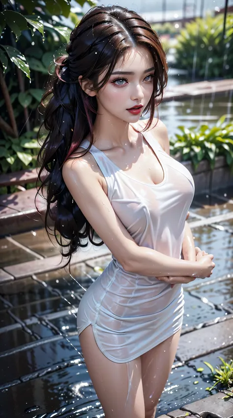 Divide Ratio : 1,1,1 Base Ratio : (((a girl soaking herself in the middle of the garden, rain falling, a lot of rain falling from above,makeup washed away by rain water:1.1)),(Extremely Detailed of a very beautiful face),(high quality:1.4),(photo realistic...