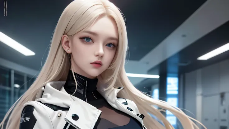 optimal，master piece，High resolution，best quality，hyper hd，super detail，Award-winning，16k，solo，（Upper body），correct anatomy，beautiful cyberpunk girl，cute face，，gradation beige hair，hair line，（（scarlet eyes）），long eyelashes，drooping corners of the eyes，whit...