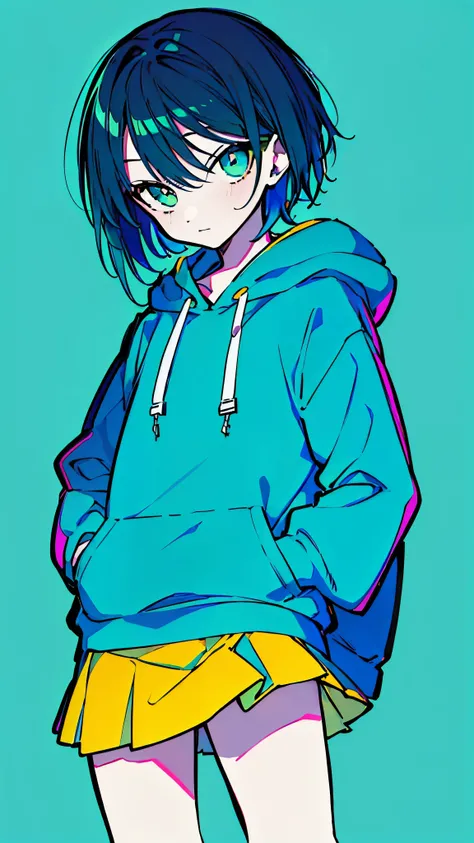 (masterpiece, highest quality:1.6), alone, thick outline, (simple background, bright blue green background, monochrome, bright blue green theme:1.2), official art, Key Visual, 8k, confused, whole body, (unique hair, oversized hoodie, mini skirt, arch back,...