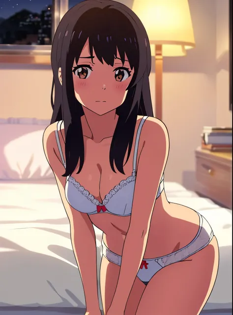 shinkai makoto, kimi no na wa., 1girl, bangs, black hair, brown eyes, twisted half up, red ribbon, long hair, solo, blush, looking at the viewer, arms up, sexy pose, cute, bedroom, night, lamp, white bra, breast, medium breast, white panties, masterpiece