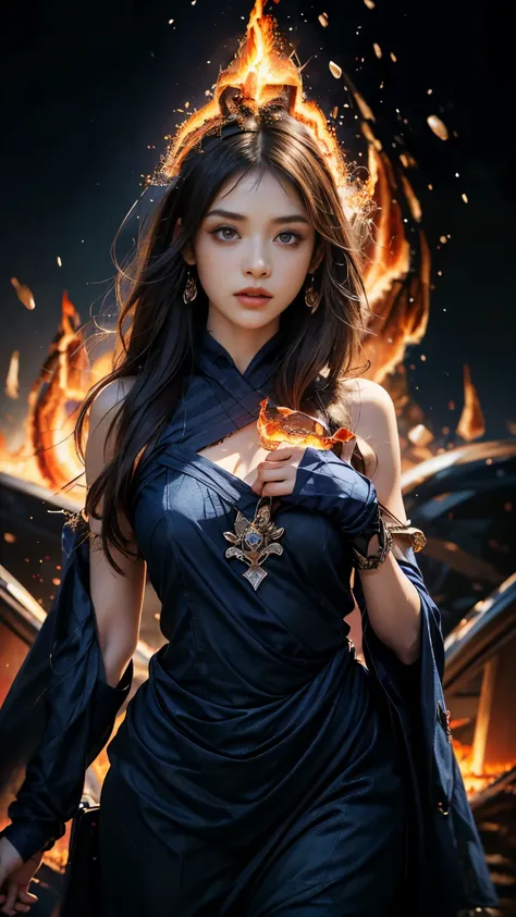 8K, ultra detailed, masterpiece, 1 fire girl, good face, detailed eyes, very long hair, hire hair, (fire outfit:1.8), (indigo outfit:1.5), (spreading fire:1.5), (aura:1.4), flame in hands, perfect body,