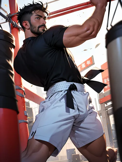 sexy mature daddy, tanned skin, big bump, darker skin, stubble, muscle发达的, best quality, masterpiece, ultra high resolution, Detailed background, realism, illustration, single, 1 boy, Torii, muscle, Volumetric lighting, depth of field, beard, flow, White c...