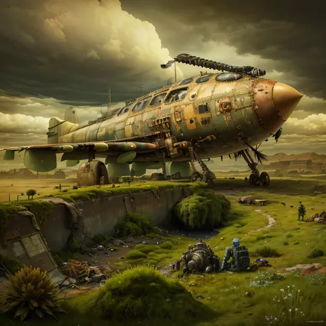 Es gibt ein Flugzeug, im Gras neben einem Zaun sitzen, apokalyptische Kunst, Postapokalyptische Landschaft, dystopische digitale Kunst, in der apokalyptischen Zukunft, postapokalyptische Welt, in a post-apocalyptic wasteland, postapokalyptische Welt, surre...