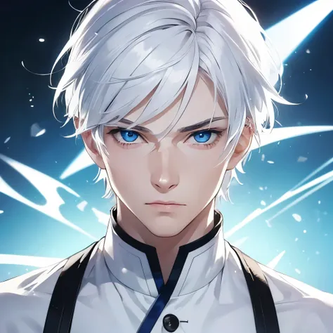 Boy, white hair, blue eyes, sharp, serious features, white skin.