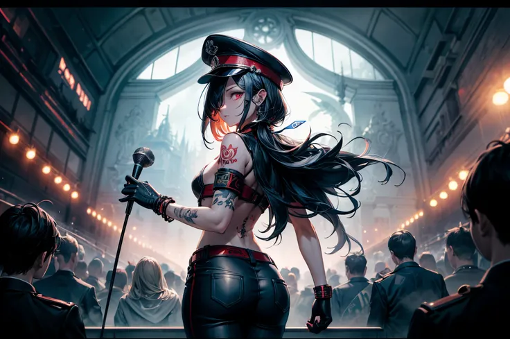 masterpiece, best quality, high quality, detailed, ultra detailed, hyper detailed, insanely detailed, exquisite, beautiful, FHD, Full-HD, 4K, 8K, 16K, highres, absurdres, abyss, cathedral, ((1boy)), angry,(Angle is back view of singing), wide shot,((back s...