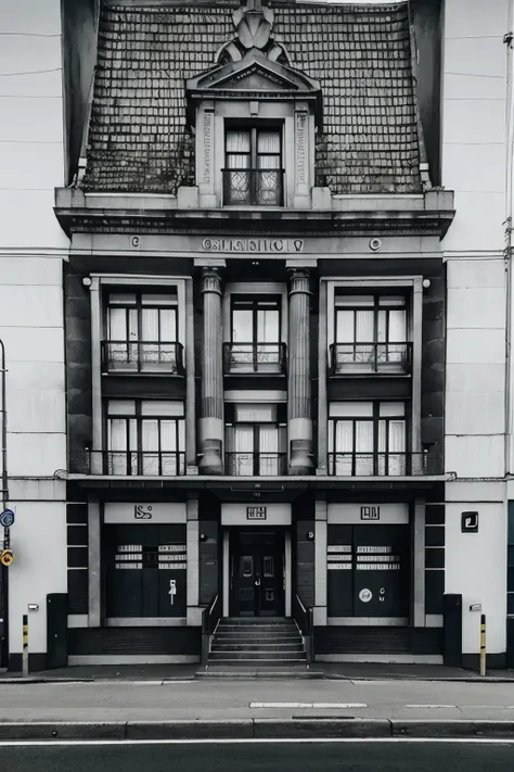 graphite pencil drawing of a police station. escrito na faixada policia politseyskom