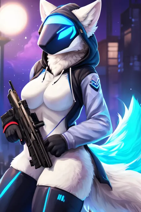 8k, 4k, Detailed, High quality, furry, female, mature female, by buta99, arctic protogen, long visor, blue visor, tuft neck, fluffy tail, sexy body, futuristic assasin clothing, hoodie, assault rifle (M4A1)