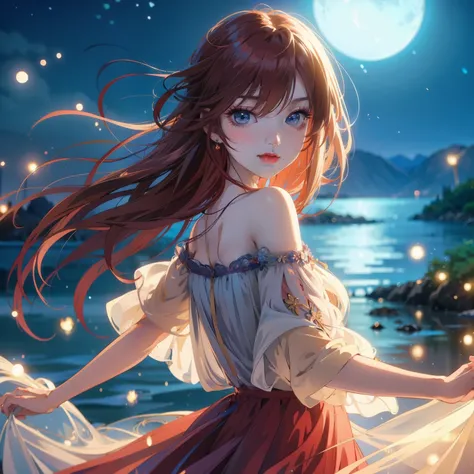 Anime girl with long hair and blue eyes standing in front of a body of water, night nucleus, anime style 4k, 4kanime wallpaper, anime wallpaper4K, anime wallpaper4k, Anime Art Wallpaper 4k, anime art wallpaper 4k, Beautiful anime, anime art wallpaper 8k, h...