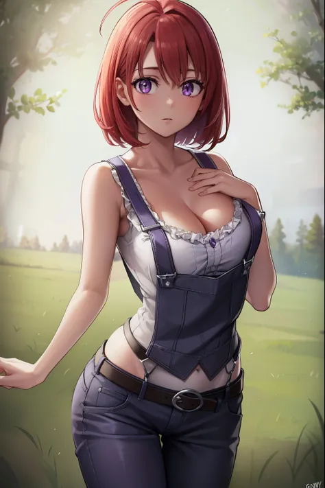 cowgirl, sex,cowgirl, ahoge, redhead, (purple eyes:1.1), short hair,
break cleavage, clavicle, naked suspenders,,
break looking ...