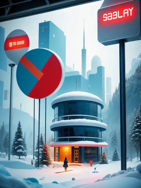 A solitary  station in the heavy snow，A station for one person，Big stop sign，science fiction，cyberpunk，future，photography，