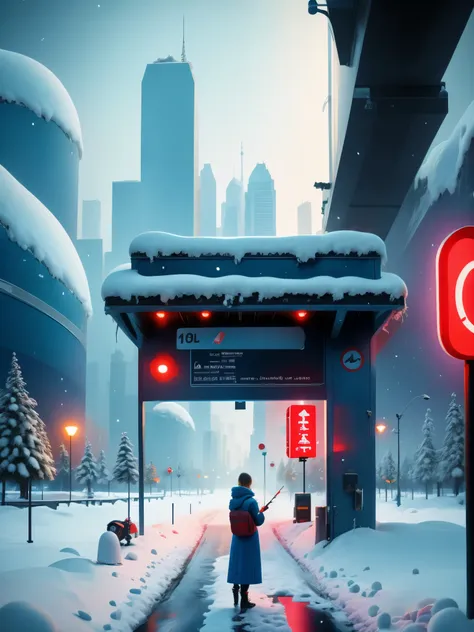 a solitary  station in the heavy snow，a station for one person，big stop sign，science fiction，cyberpunk，future，photography，