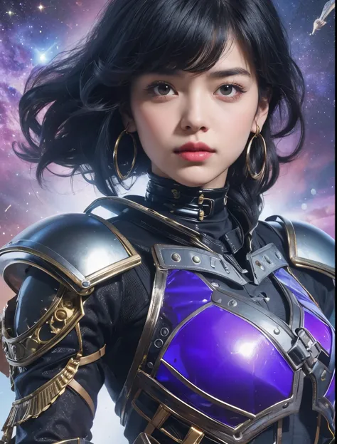 Upper body close-up image.A beautiful woman. 20s. Black hair. She wears a metallic black battle uniform. There is something on his waist that is reminiscent of Kamen Riders transformation belt. An image of outer space and Mars in the space behind her. A ma...