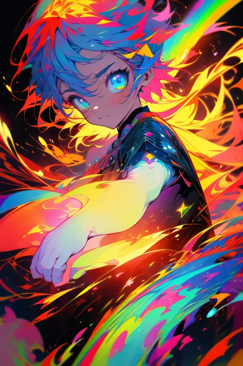 he sai shi hili is holding a rainbow sword, no estilo de Cyril Rolando, efeitos de luz capturados, intensely colorful figuration, Tatsuyuki Tanaka,, in the style of colorful explosions, Rainbow Core, energia animada, Corpo todo, com falhas, pessoal,, in th...