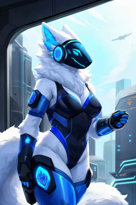 8k, 4k, Detailed, High quality, furry, female, mature female, by buta99, arctic protogen, long visor, blue visor, tuft neck, fluffy tail, sexy body, futuristic assasin clothing