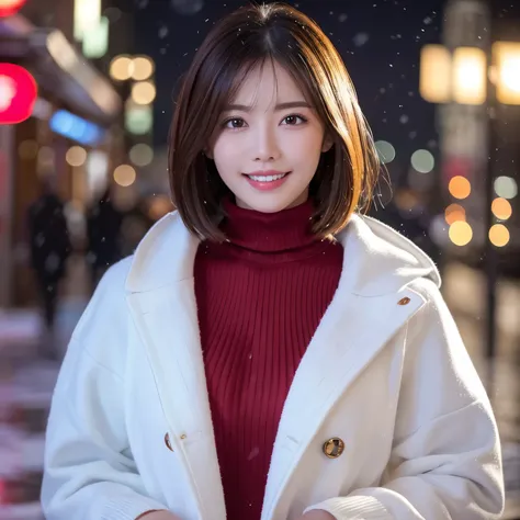 (highest quality、table top、8k、best image quality、hyper realism)、1 girl、(classy red turtleneck knit sweater:1.1)、(classy white coat:1.1)、epic movie lighting、urban winter scenery、Snowy city night、(straight short bob hair:1.1)、blurred background、It&#39;s snow...