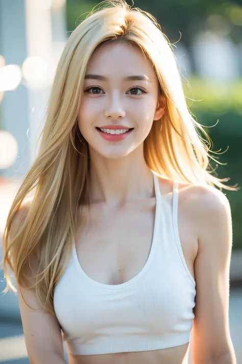 1girl, 8k, best resolution, best quality, (photorealistic:1.1), masterpiece, portrait, shoulder , perfect face, white shiny skin, blonde hair, tank top, visible abdominal​ muscle, bokeh background, beautiful tooth, good tooth, smile