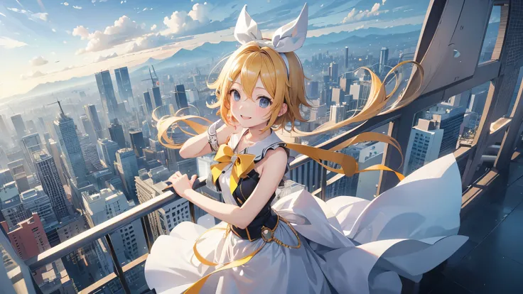 highest quality、high resolution、CG、Kagamine Rin、cityscape、smile、whole body、distinct