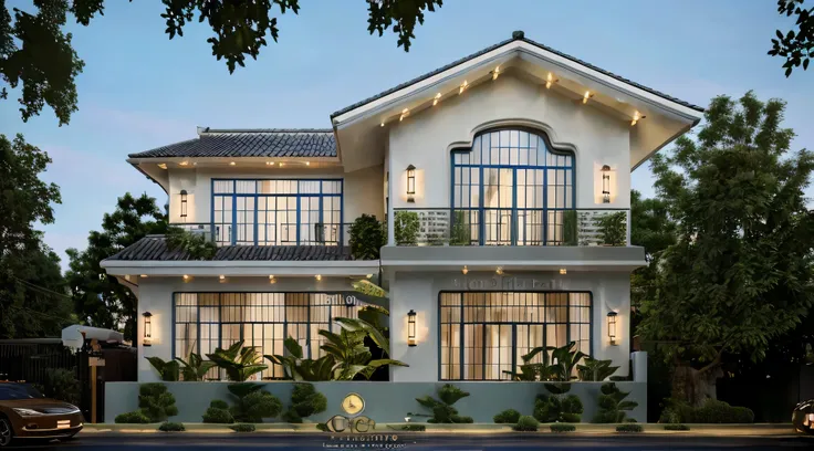 (townhouse in city ,close houses and trees), (indochine style architecture) daylight ( best quality) ((high solution)) ,(( photo...