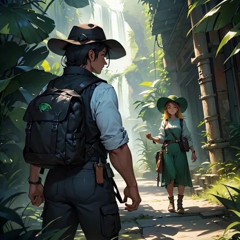 Exploring the World in All Its Entirety:
(Masterpiece:1.2, Best Quality, 4k, 8K, high resolution)
A couple, both clad in explorers vests and wide-brimmed hats, stand before an enormous ancient door. The man, with a determined gaze, clutches a worn map in h...