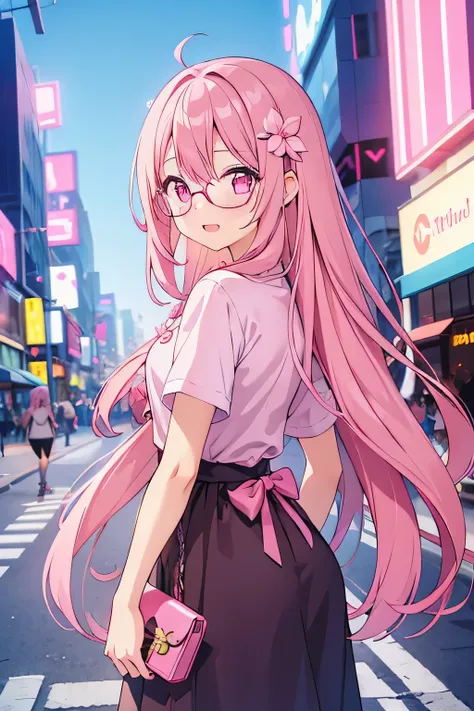 1girl, pink hair, pure long hair, flower hair ornaments on right side, wearing pink shirt, earning pink, 8k resolutions, 8k quality, medium breast, pink eyes,  upper body, HD resolutions, half body, wearing round glasses, chibibody, happy, happy pose, loli...