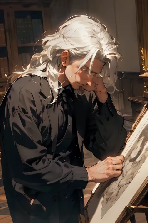 a male，Professor in his forties and fifties，scholar，Charming，masculine，gentle male，grace，masterpiece，best quality，high resolution，Lighting，Exquisite facial features，long white hair，Loosely tied long white hair，Bundle hair，middle aged male，oil painting port...