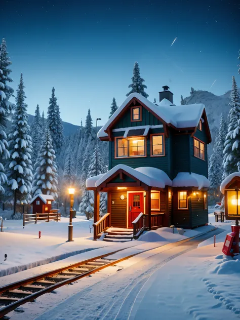 a  station in the snow，a station for one person，the big stop sign at the wooden house station，（train tracks：0.65），background：sib...