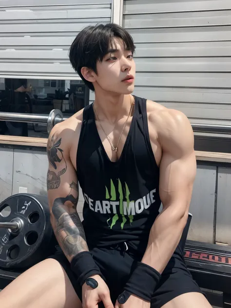 arafed man Kim Taehyung Bts sitting on a bench with a barbell in his hand, korean muscle boy Kim Taehyung 21 years old, south korean male, tight black tanktop, wearing a low cut tanktop, Kim Taehyung bts