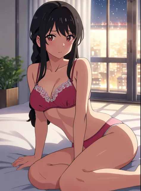 shinkai makoto, kimi no na wa., 1girl, bangs, black hair, brown eyes, waterfall braid, red ribbon, long hair, solo, blush, looking at the viewer, arms up, sexy pose, cute, bedroom, night, lamp, light off, light pink bra, breast, medium breast, light pink p...