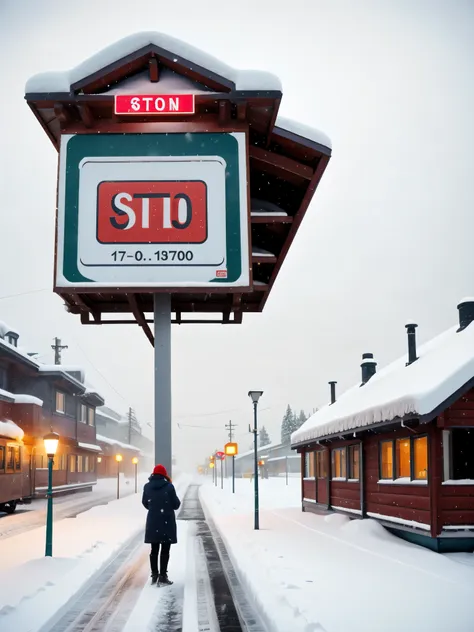 a  station in the heavy snow in siberia，back view of a person waiting for a bus，the big stop sign at the wooden house station，（t...