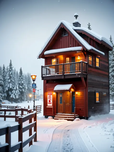 a  station in the heavy snow in siberia，back view of a person waiting for a bus，the big stop sign at the wooden house station，（t...