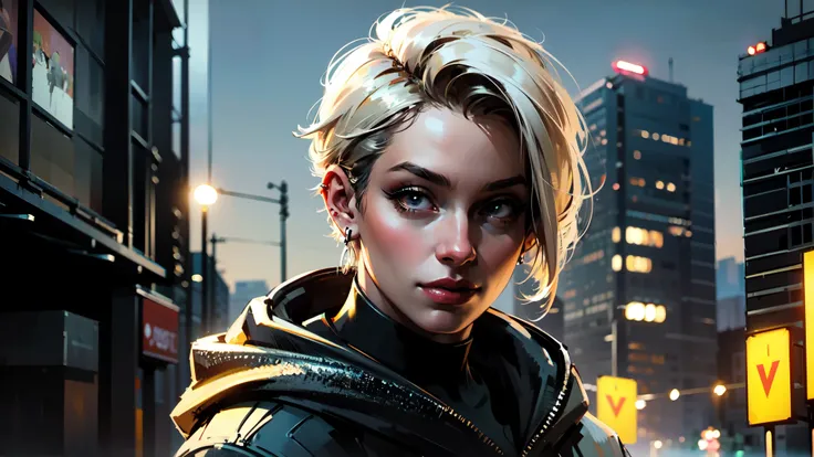 blurry, city, earrings, blurry background, city lights, depth of field, skyscraper, piercing, building, 1 girl, jewelry, solo, short_hair, hood, cyberpunk, ear_piercing, outdoors, cityscape, (((masterpiece))),(((best quality))),((ultra-detailed)), Hyper Re...